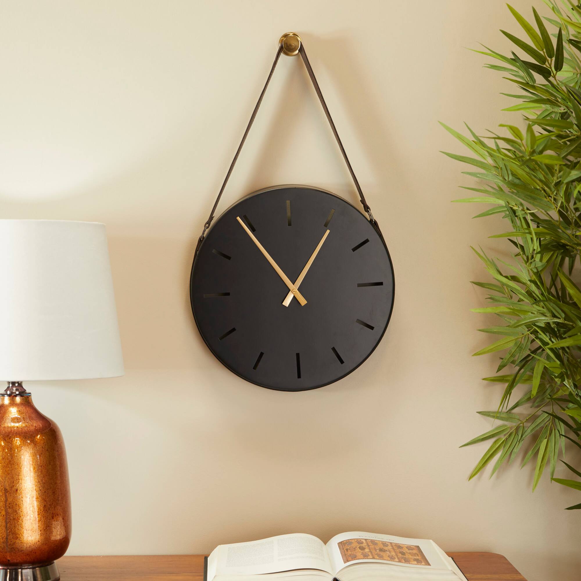 27" Black Stainless Steel Wall Clock with Leather Hanging Straps